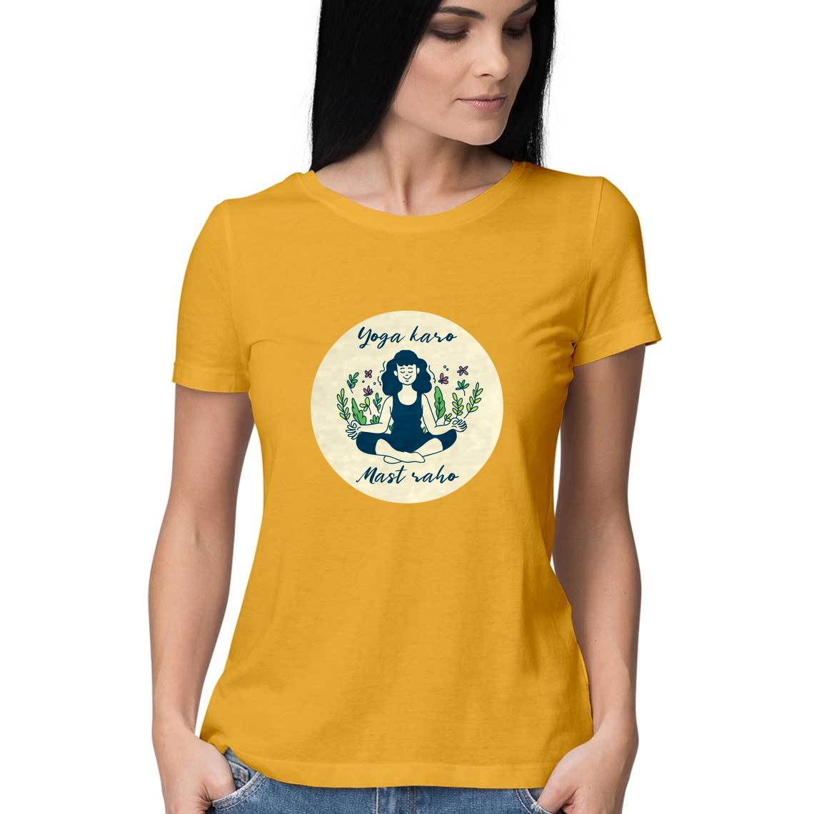 Yoga t shirt for women from Simply Urself. Golden yellow t shirt for women. 100% cotton, round neck. Perfect for all day wear