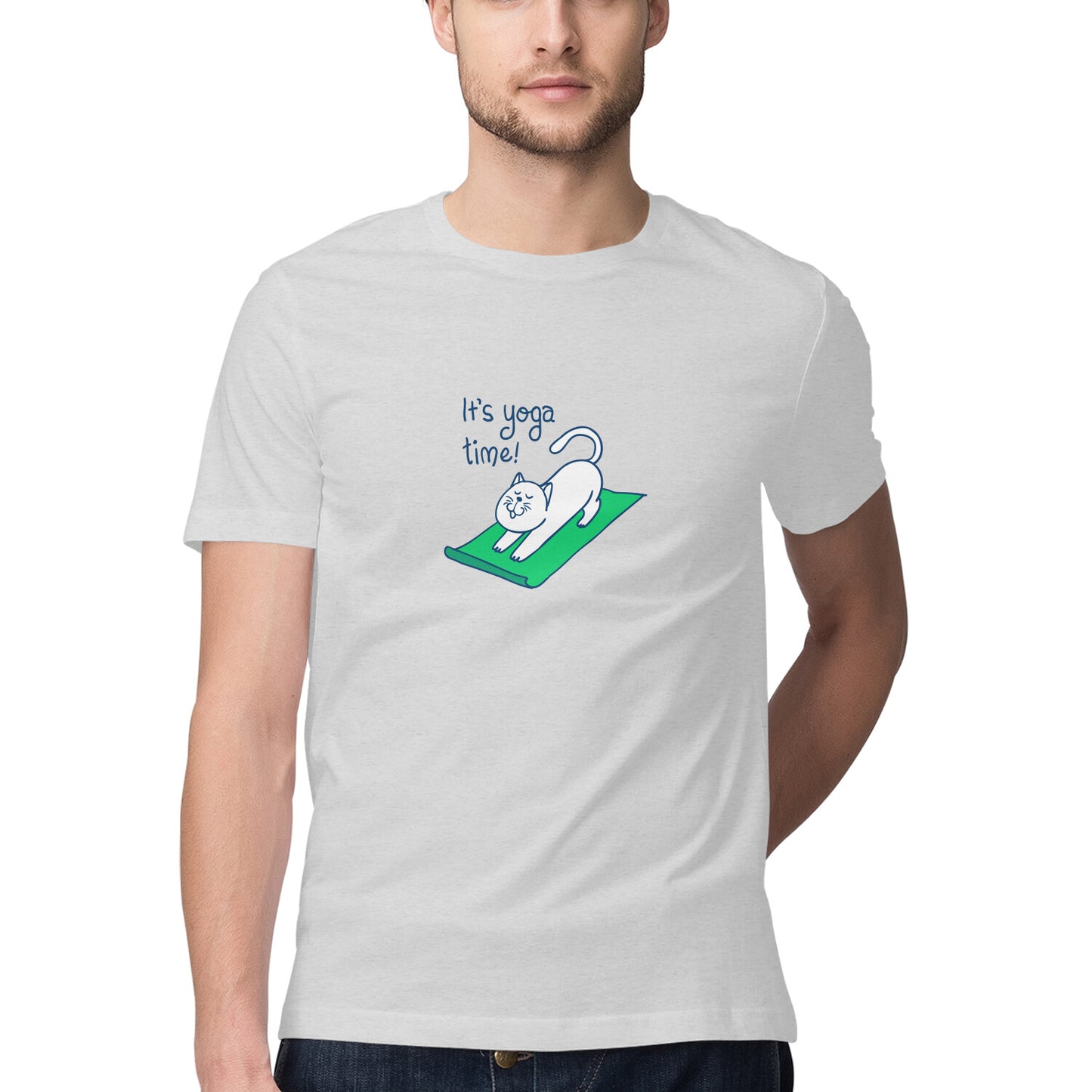 Time for Yoga t shirt for men from Simply Urself. Melange grey t shirt for men. 100% cotton, round neck and regular fit. Prefect for all day wear