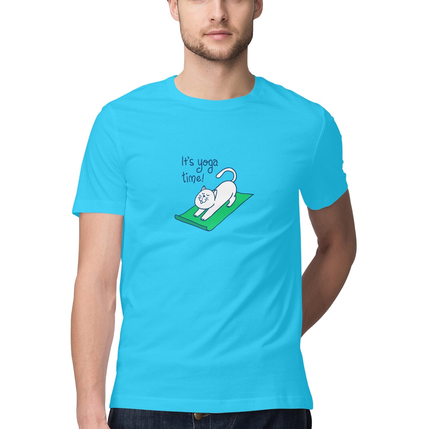 Time for Yoga t shirt for men from Simply Urself. Sky blue t shirt for men. 100% cotton, round neck and regular fit. Prefect for all day wear