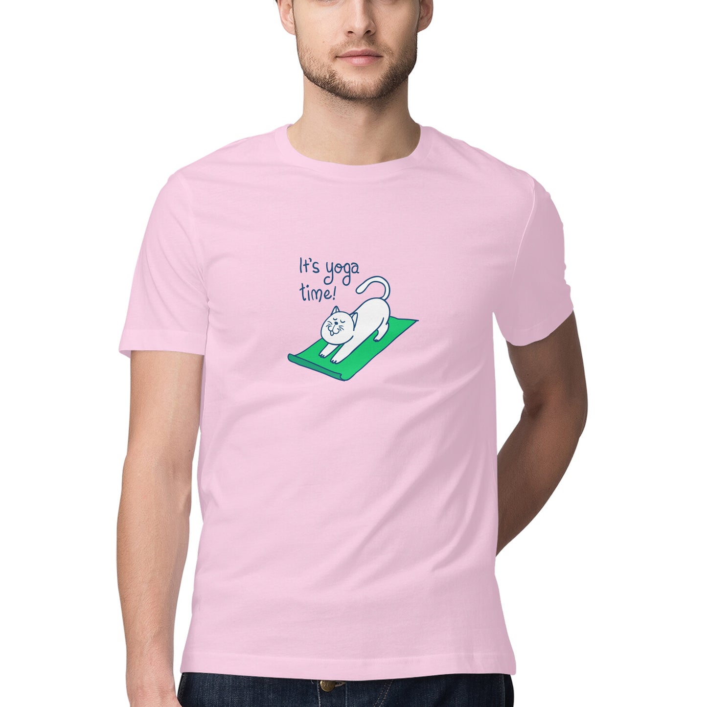 Time for Yoga t shirt for men from Simply Urself. Light pink t shirt for men. 100% cotton, round neck and regular fit. Prefect for all day wear