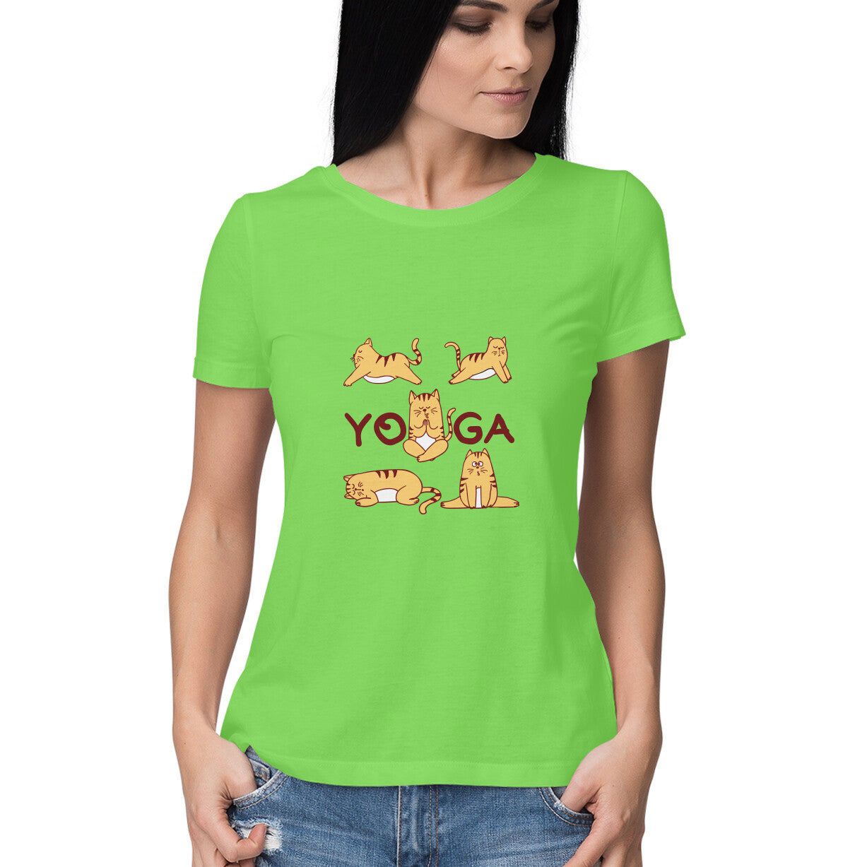 Poses of yoga is a women’s yoga t shirt from Simply Urself. Light green t shirt for women. 100% cotton, round neck. Perfect for all day wear