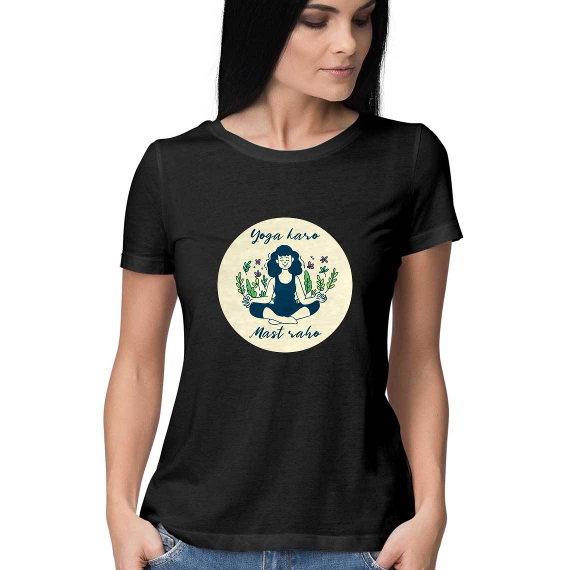 Yoga t shirt for women from Simply Urself. Women's black t shirt. 100% cotton, round neck. Perfect for all day wear