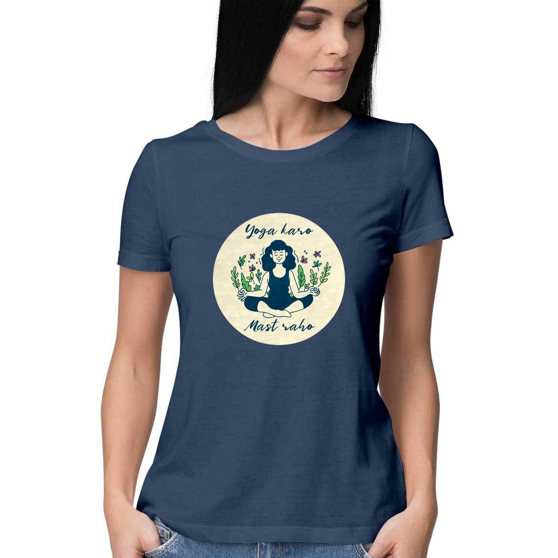 Yoga t shirt for women from Simply Urself. Navy blue t shirt for women. 100% cotton, round neck. Perfect for all day wear