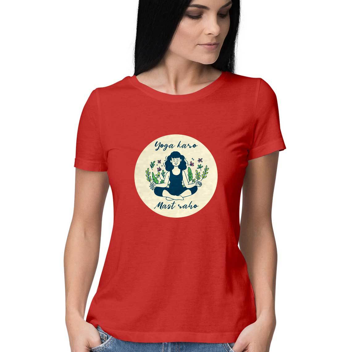 Yoga t shirt for women from Simply Urself. Red t shirt for women. 100% cotton, round neck. Perfect for all day wear