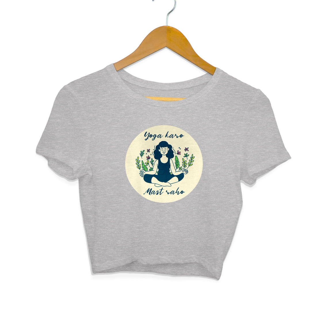 Yoga crop top for girls from Simply Urself. Melange grey crop top. 100% cotton, round neck. Perfect for all day wear