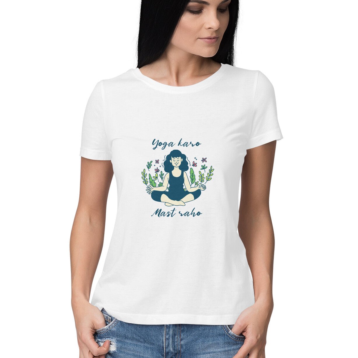 Yoga t shirt for women from Simply Urself. Women's white t shirt. 100% cotton, round neck. Perfect for all day wear