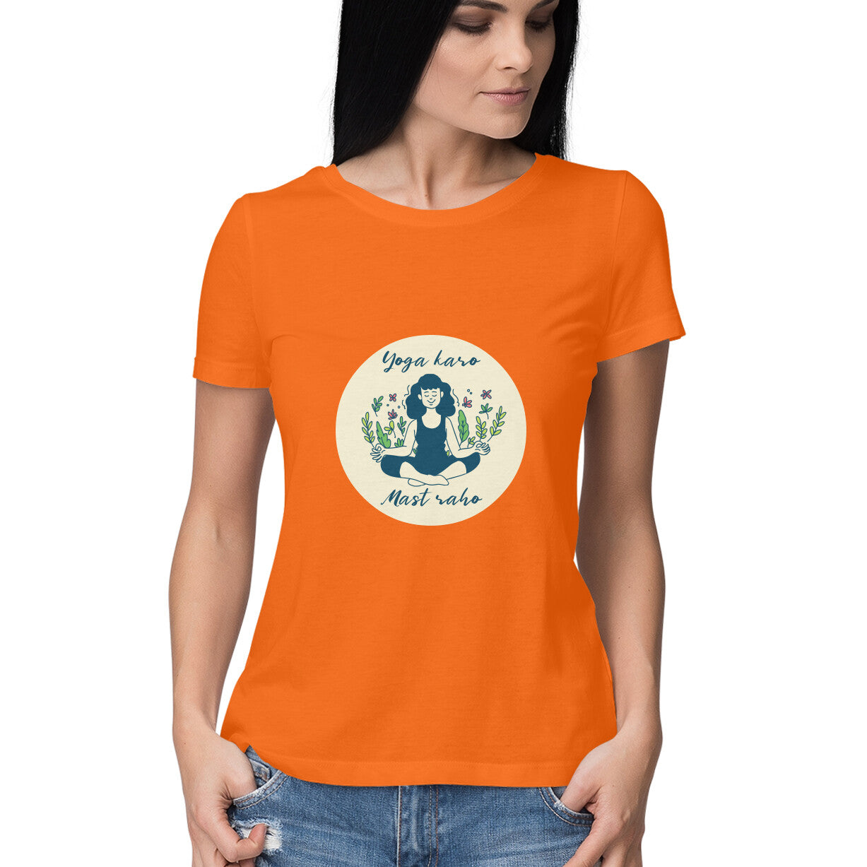 Yoga t shirt for women from Simply Urself. Orange t shirt for women. 100% cotton, round neck. Perfect for all day wear