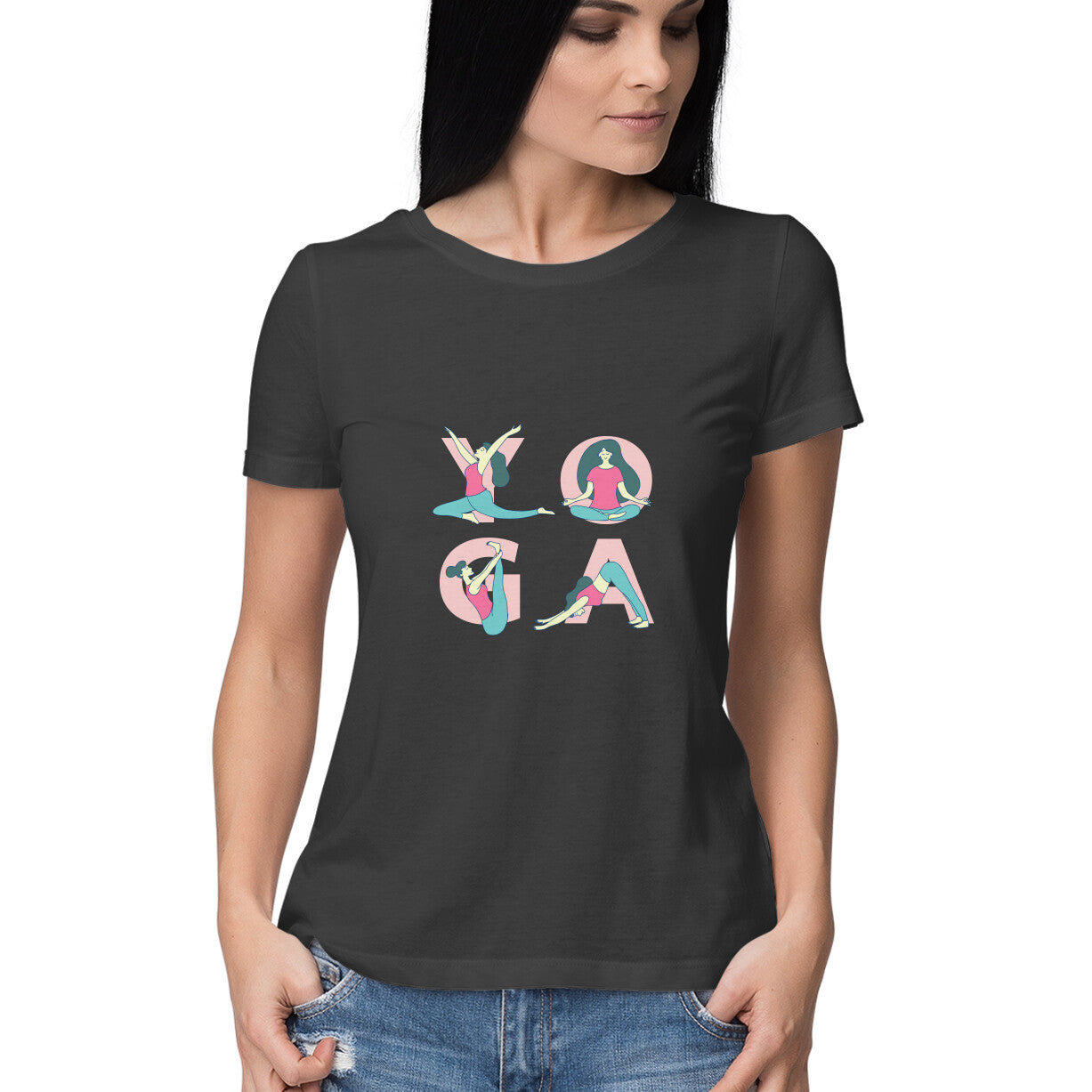Women’s yoga t shirt with poses of yoga from Simply Urself. Women's black t shirt. 100% cotton, round neck. Perfect for all day wear