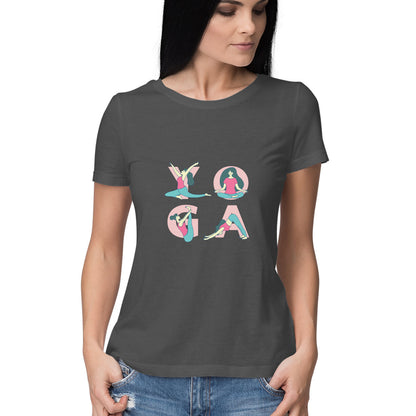 Women’s yoga t shirt with poses of yoga from Simply Urself. Charcoal grey t shirt for women. 100% cotton, round neck. Perfect for all day wear