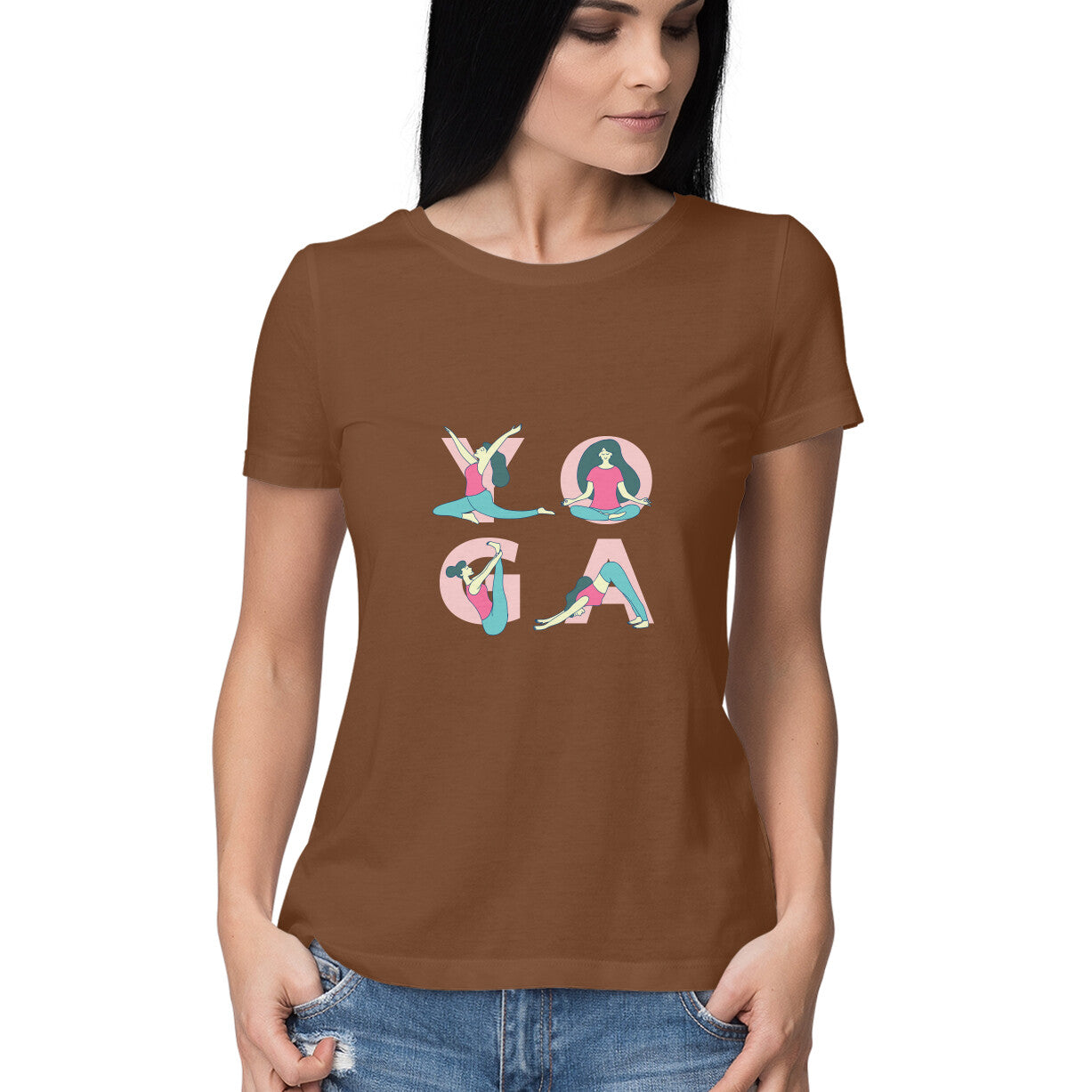 Women’s yoga t shirt with poses of yoga from Simply Urself. Coffee brown t shirt for women. 100% cotton, round neck. Perfect for all day wear