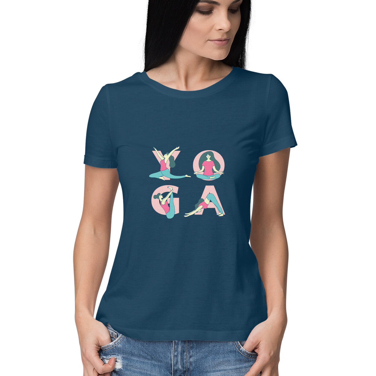 Women’s yoga t shirt with poses of yoga from Simply Urself. Navy blue t shirt for women. 100% cotton, round neck. Perfect for all day wear