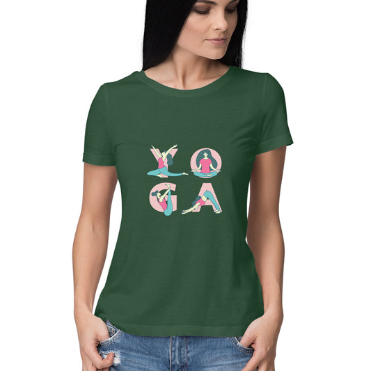 Women’s yoga t shirt with poses of yoga from Simply Urself. Olive green t shirt for women. 100% cotton, round neck. Perfect for all day wear