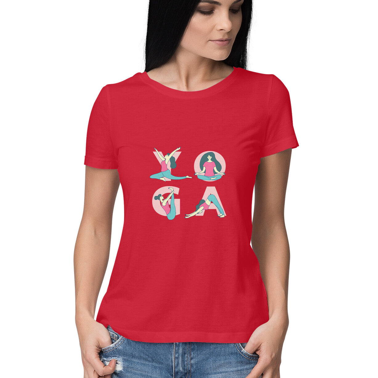 Women's yoga t shirt with poses of yoga from Simply Urself. Red t shirt for women. 100% cotton, round neck. Perfect for all day wear