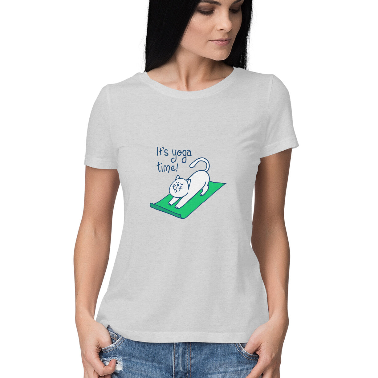 Time for yoga is a women’s yoga t shirt from Simply Urself. Melange grey t shirt for women. 100% cotton, round neck. Perfect for all day wear