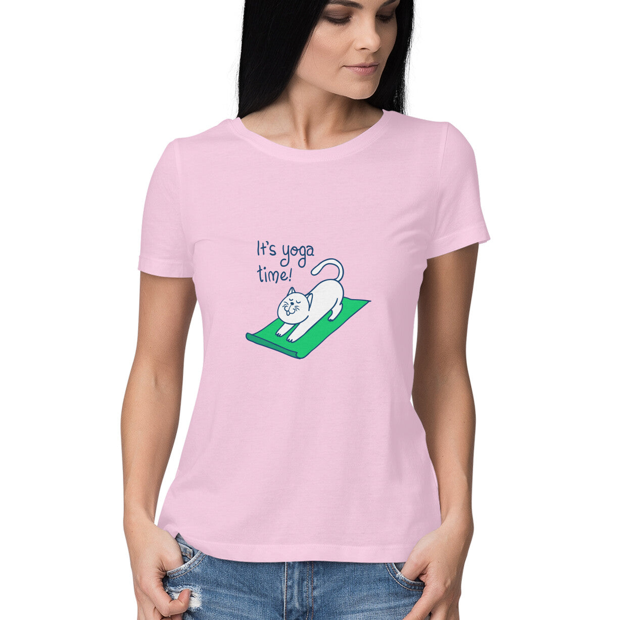 Time for yoga is a women’s yoga t shirt from Simply Urself. Light pink t shirt for women. 100% cotton, round neck. Perfect for all day wear