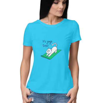 Time for yoga is a women’s yoga t shirt from Simply Urself. Light blue t shirt for women. 100% cotton, round neck. Perfect for all day wear