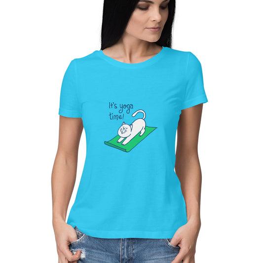 Time for yoga is a women’s yoga t shirt from Simply Urself. Light blue t shirt for women. 100% cotton, round neck. Perfect for all day wear