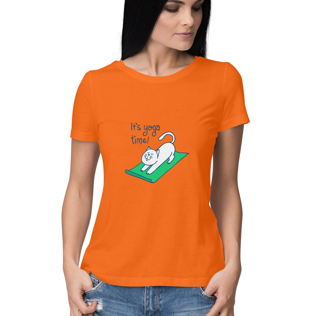 Time for yoga is a women’s yoga t shirt from Simply Urself. Orange t shirt for women. 100% cotton, round neck. Perfect for all day wear