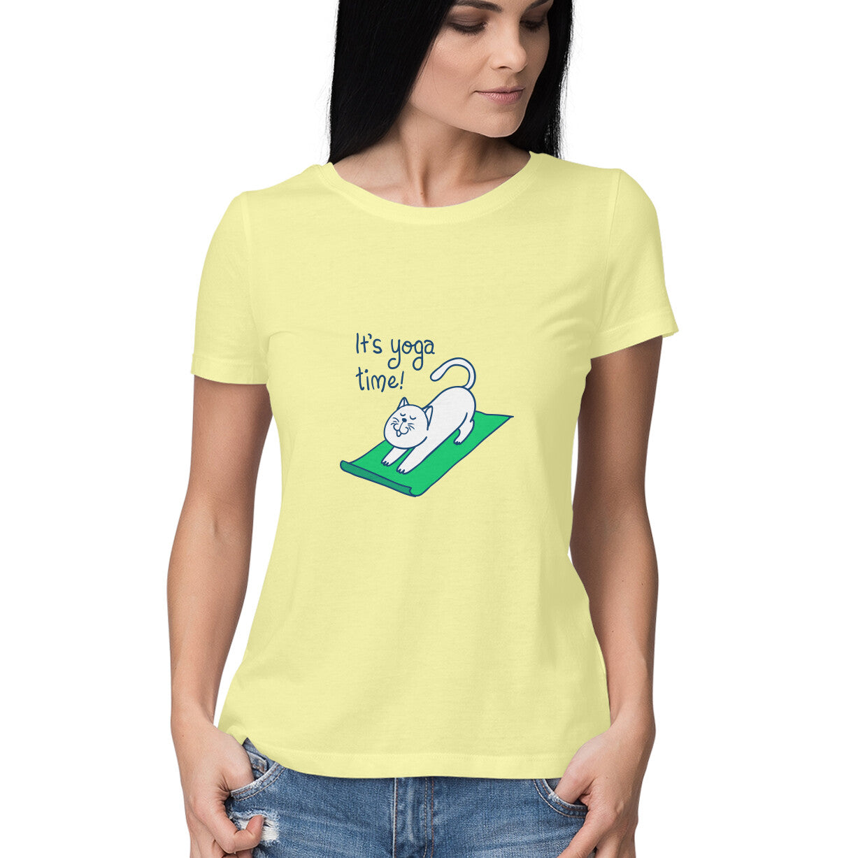 Time for yoga is a women’s yoga t shirt from Simply Urself. Butter yellow t shirt for women. 100% cotton, round neck. Perfect for all day wear