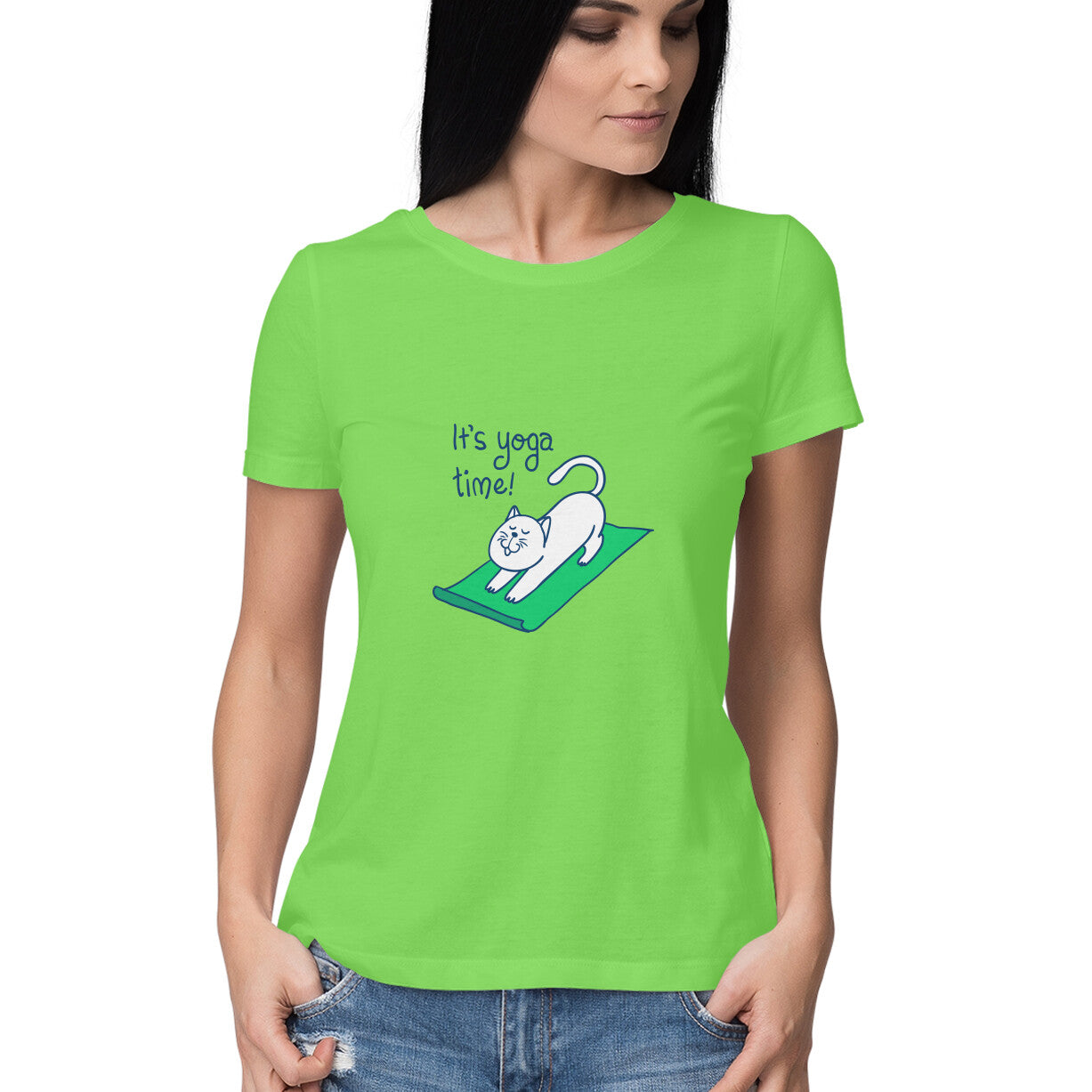 Time for yoga is a women’s yoga t shirt from Simply Urself. Light green t shirt for women. 100% cotton, round neck. Perfect for all day wear