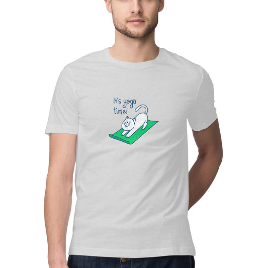 Time for Yoga t shirt for men from Simply Urself. Melange grey t shirt for men. 100% cotton, round neck and regular fit. Prefect for all day wear