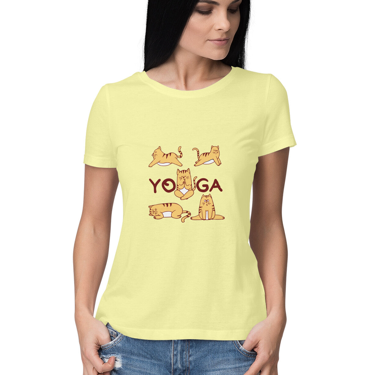 Poses of yoga is a women’s yoga t shirt from Simply Urself. Butter yellow t shirt for women. 100% cotton, round neck. Perfect for all day wear