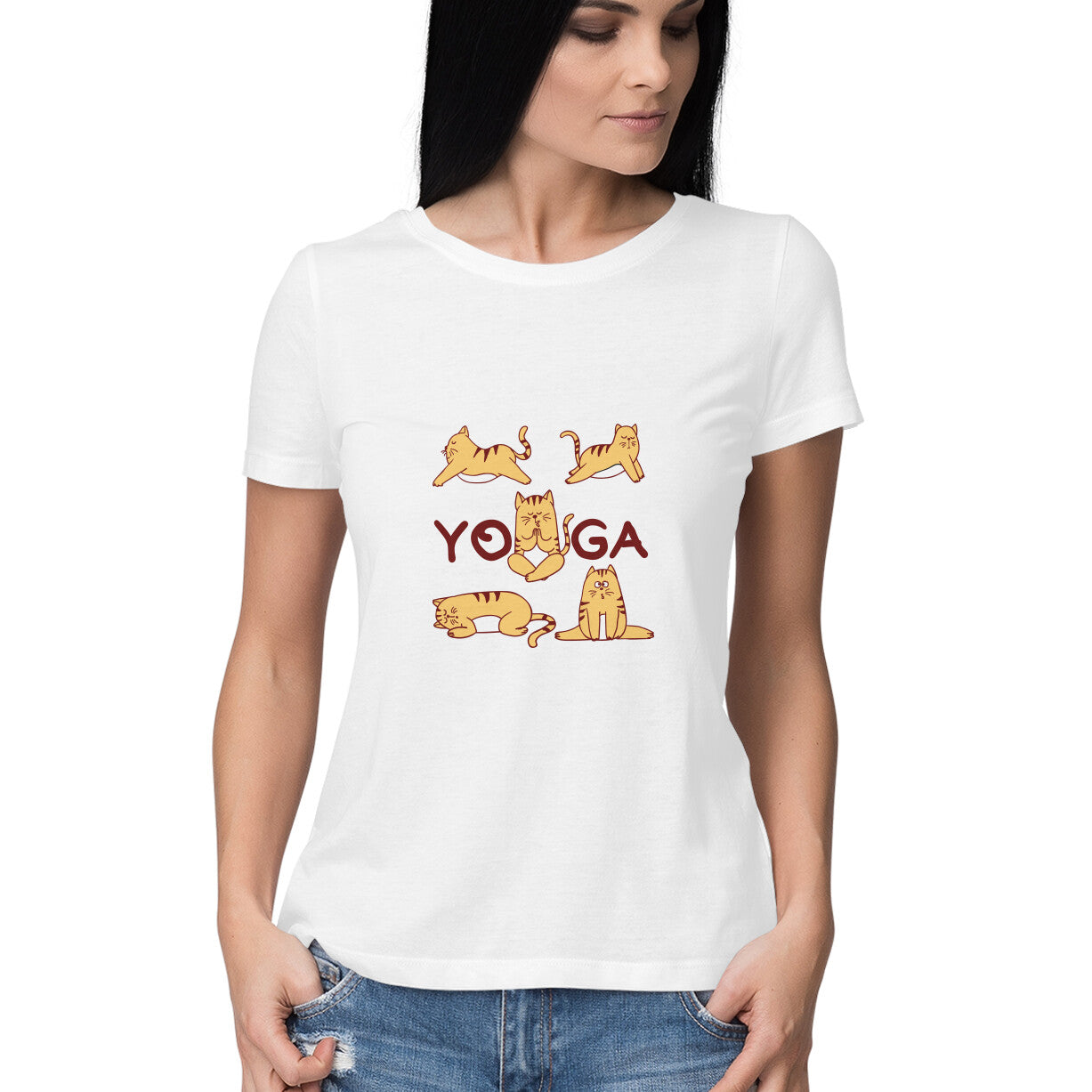 Poses of yoga is a women’s yoga t shirt from Simply Urself. Women's white t shirt. 100% cotton, round neck. Perfect for all day wear
