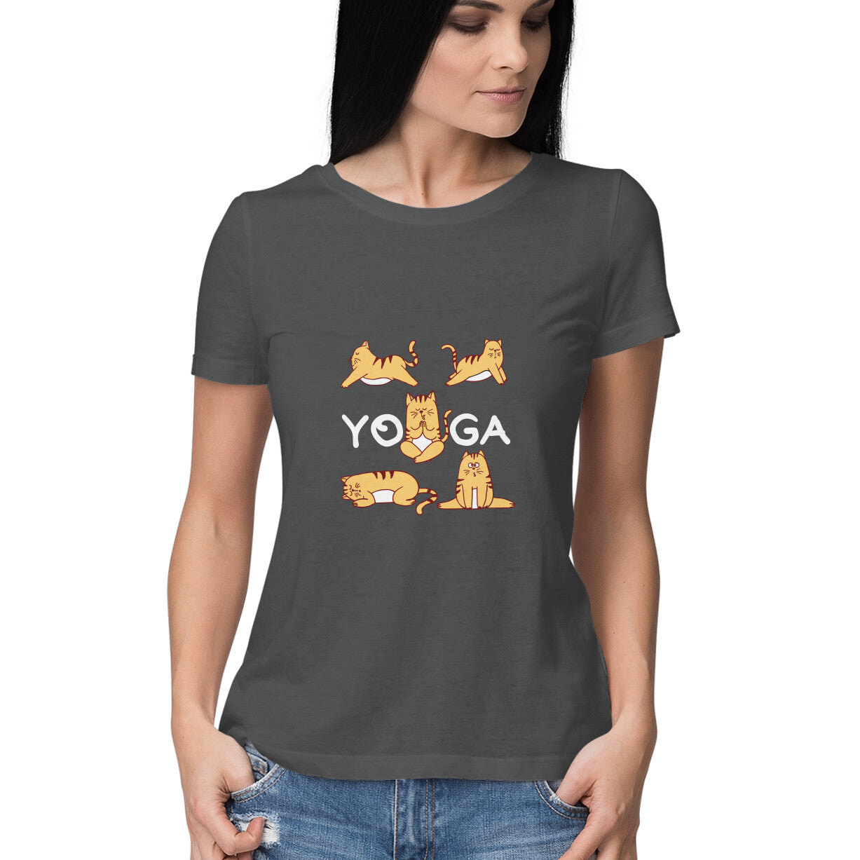 Poses of yoga is a women’s yoga t shirt from Simply Urself. Charcoal grey t shirt for women. 100% cotton, round neck. Perfect for all day wear